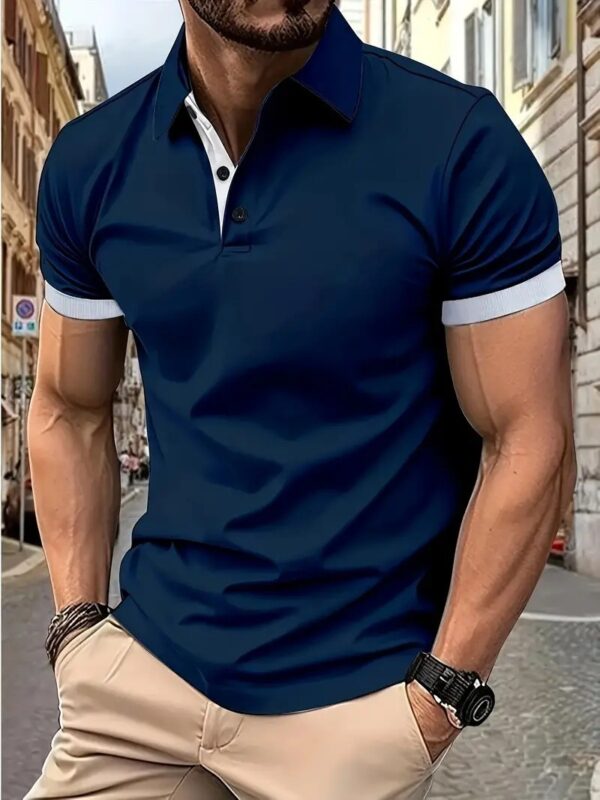 ⁦3D Solid Color Lapel Short Sleeve Polo Shirt Casual Loose Men⁩ - الصورة ⁦4⁩
