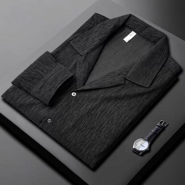 ⁦High-grade Cuban Collar Pleated Shirt Men's Long Sleeve⁩ - الصورة ⁦3⁩